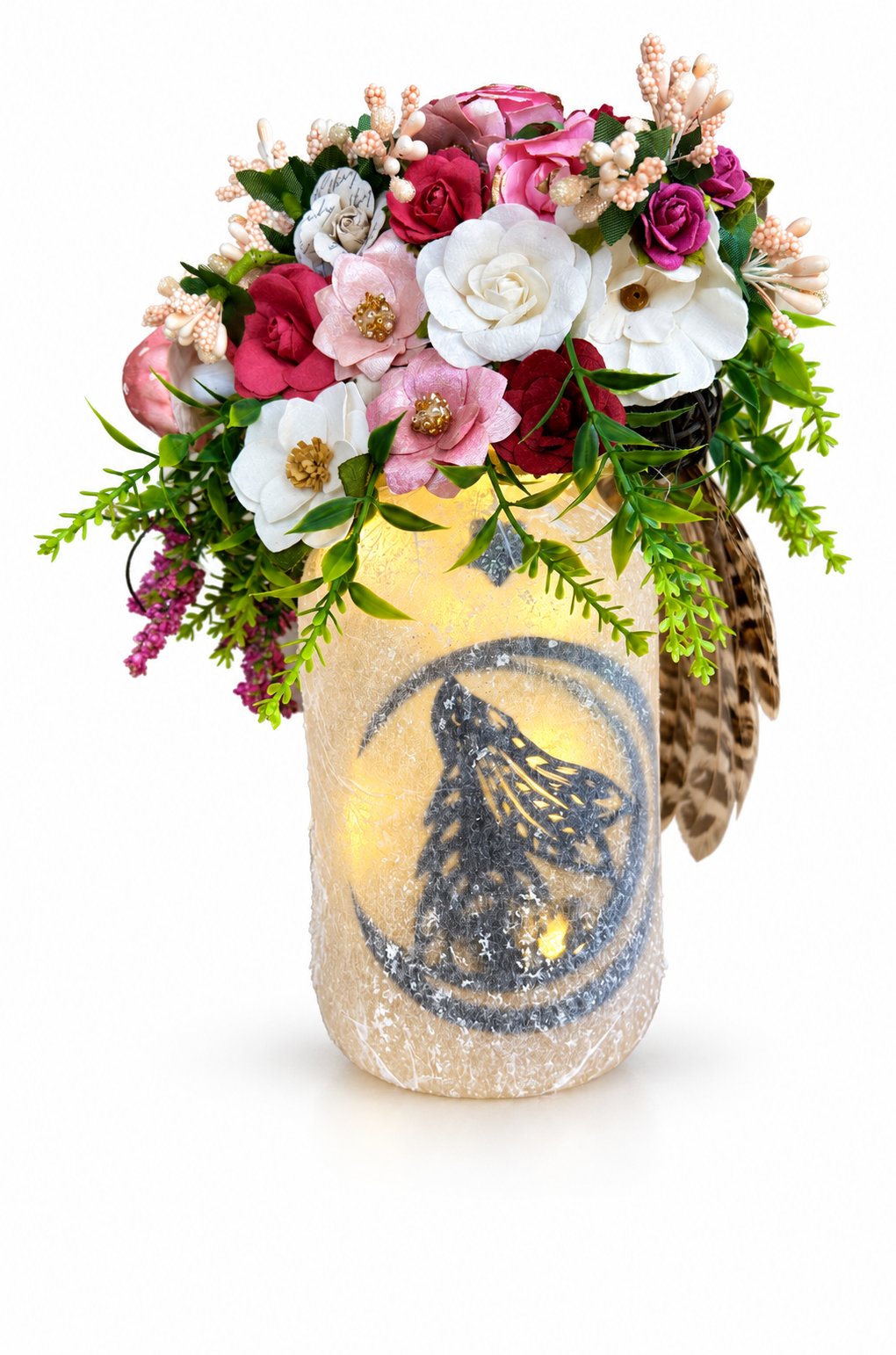 Lampe Fairy Jar à plumes et lapin sur la lune sur fond blanc