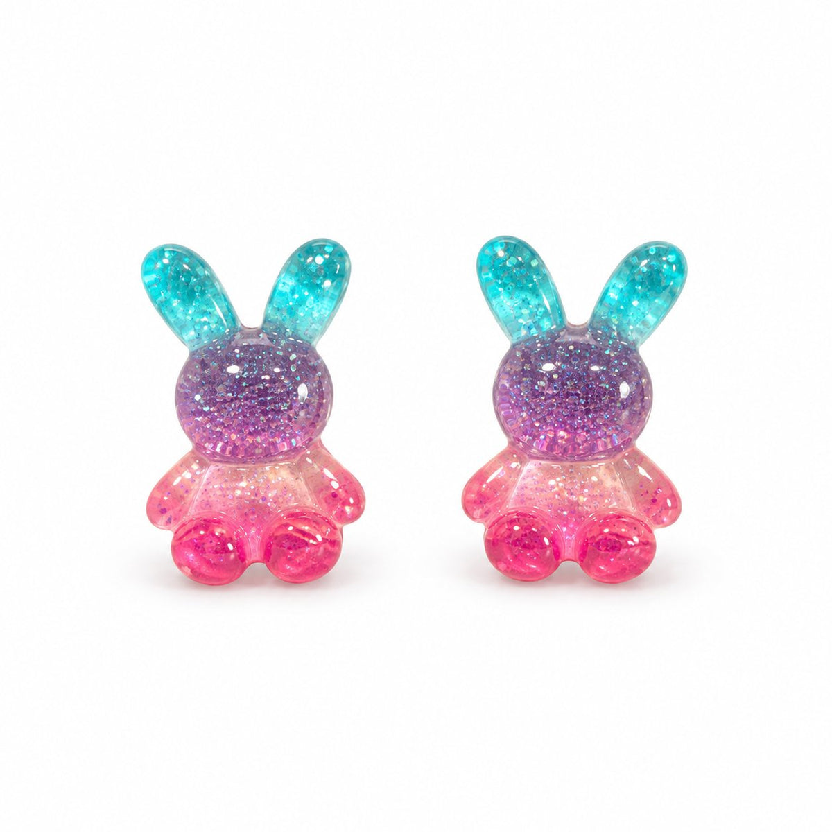 Boucles d’oreilles lapin bleu mauve rose sur fond blanc