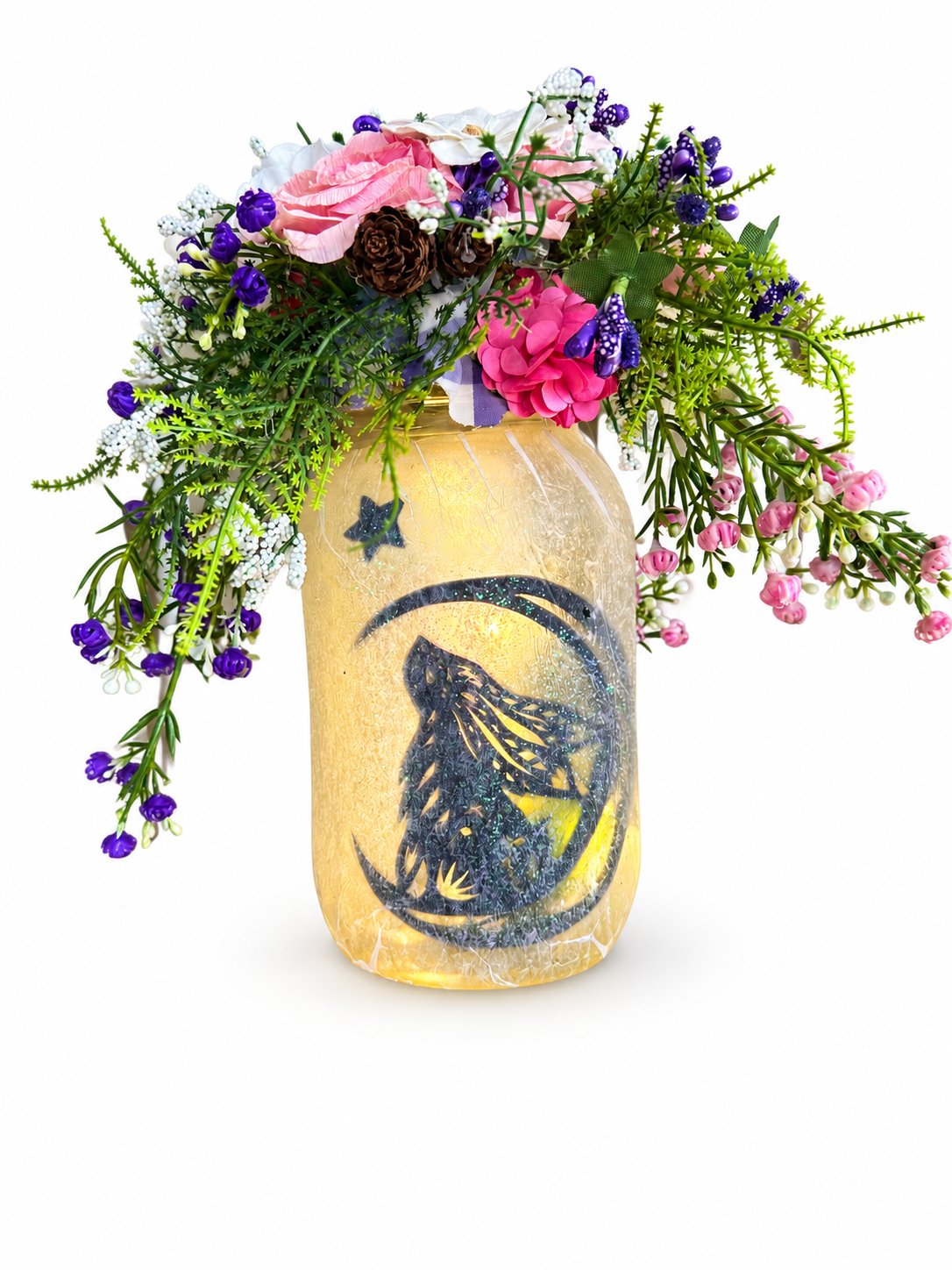 Lampe Fairy Jar à fleurs roses et mauves sur fond blanc