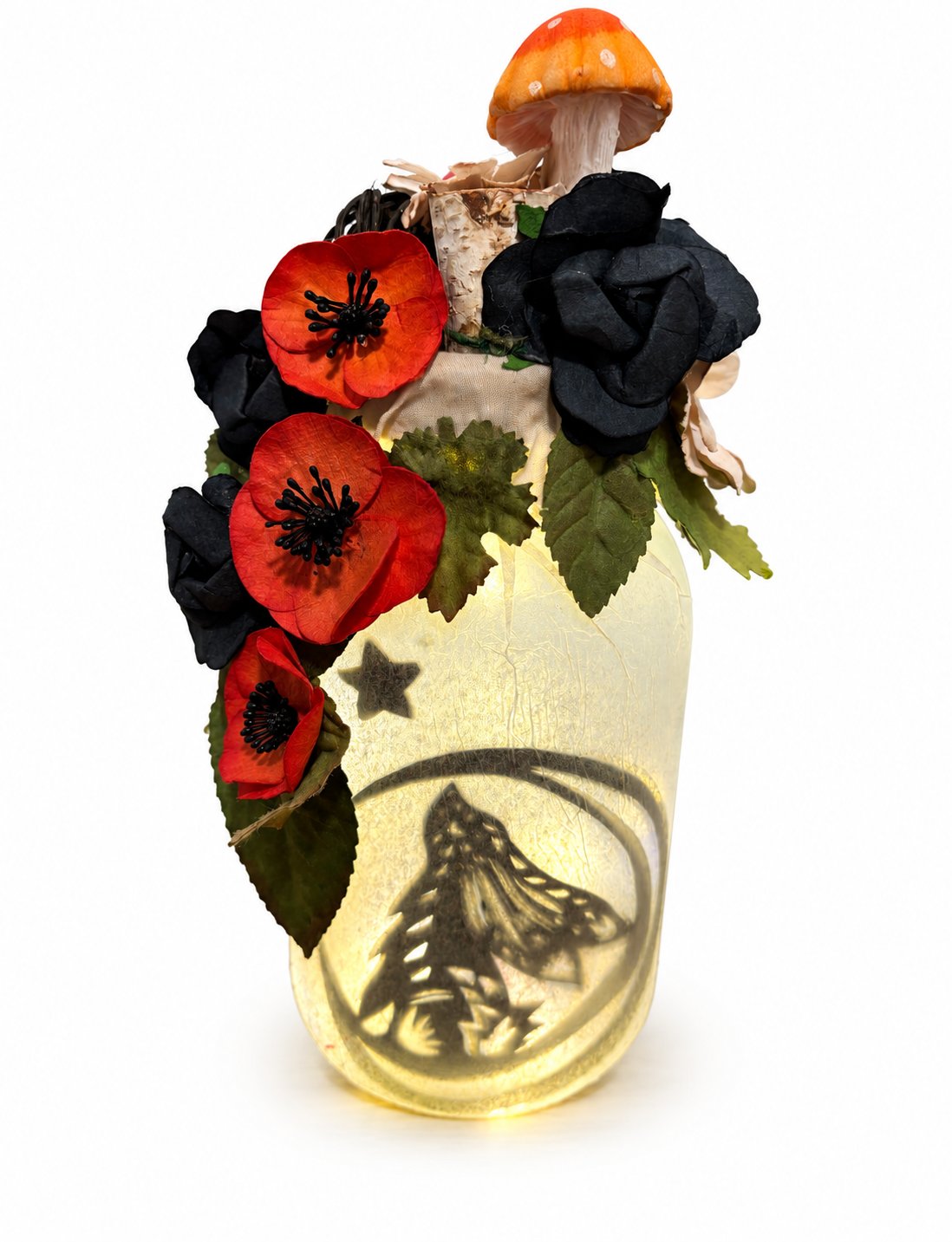 Lampe Fairy Jar à champignon et lapin sur la lune sur fond blanc