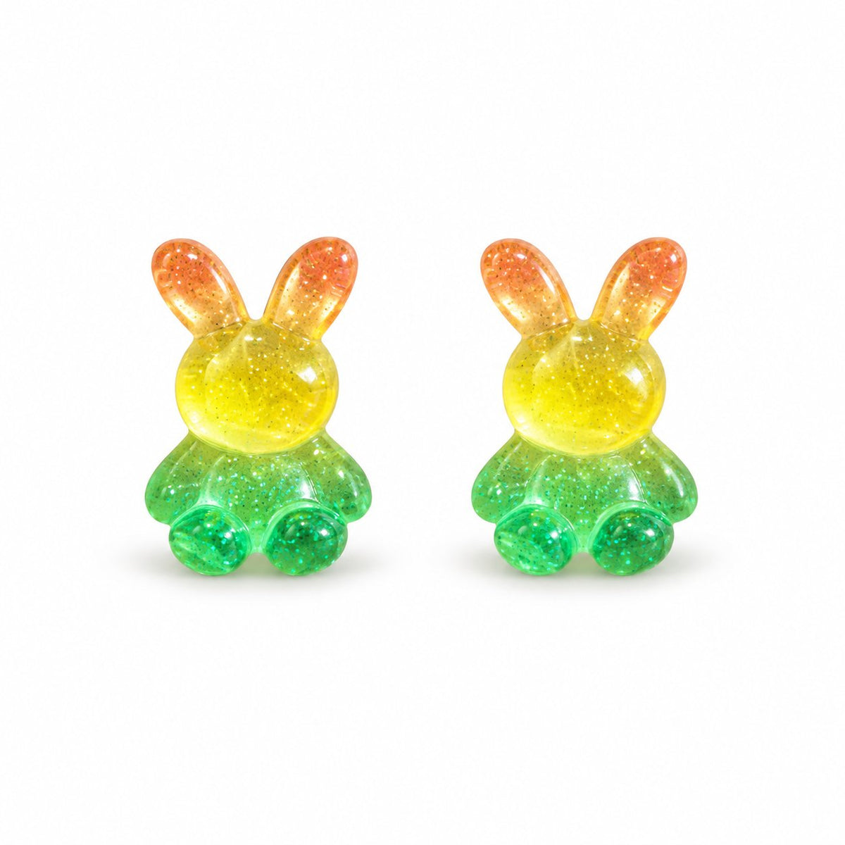 Boucles d’oreilles lapin orange jaune vert sur fond blanc