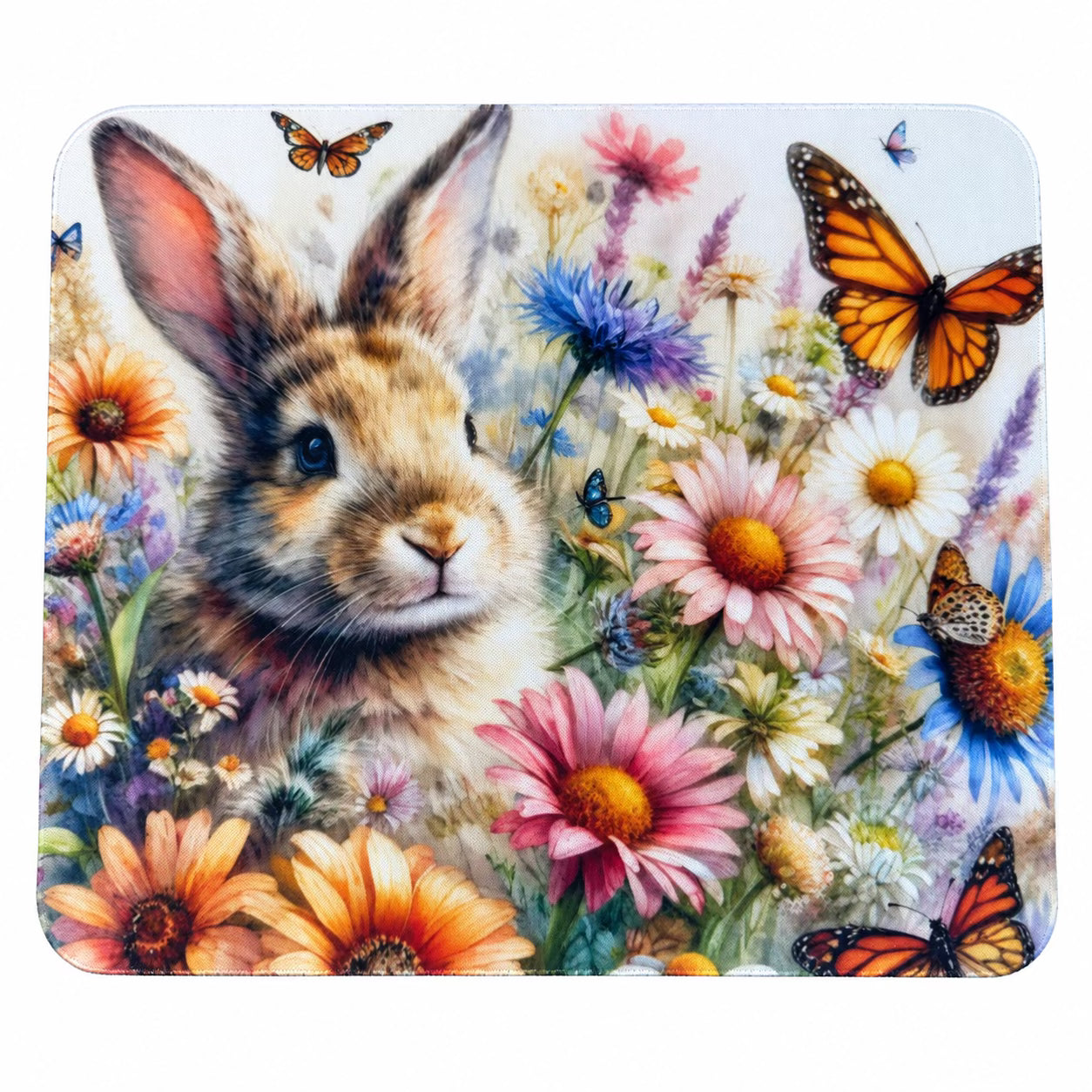 Tapis de souris — Lapin et papillons sur fond blanc