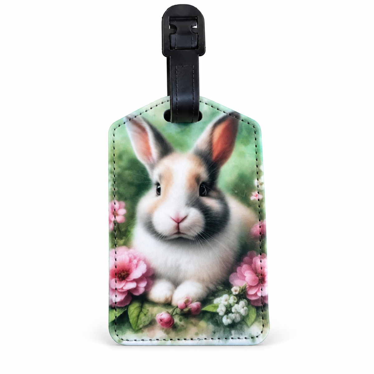 Étiquette pour valise – Lapin tricolore et fleurs